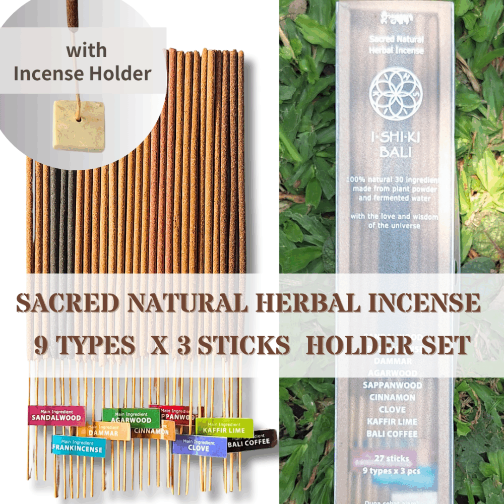 9-Variety Assorted Natural Herbal Incense Sticks + Mini Holder: Sacred Natural Herbal Incense featuring Sandalwood, Frankincense, Dammar, Cinnamon, Sappanwood, Moringa, Clove, Kaffir Lime, & Bali Coffee. 3 Sticks x 9 Scents (Total 27 Sticks).