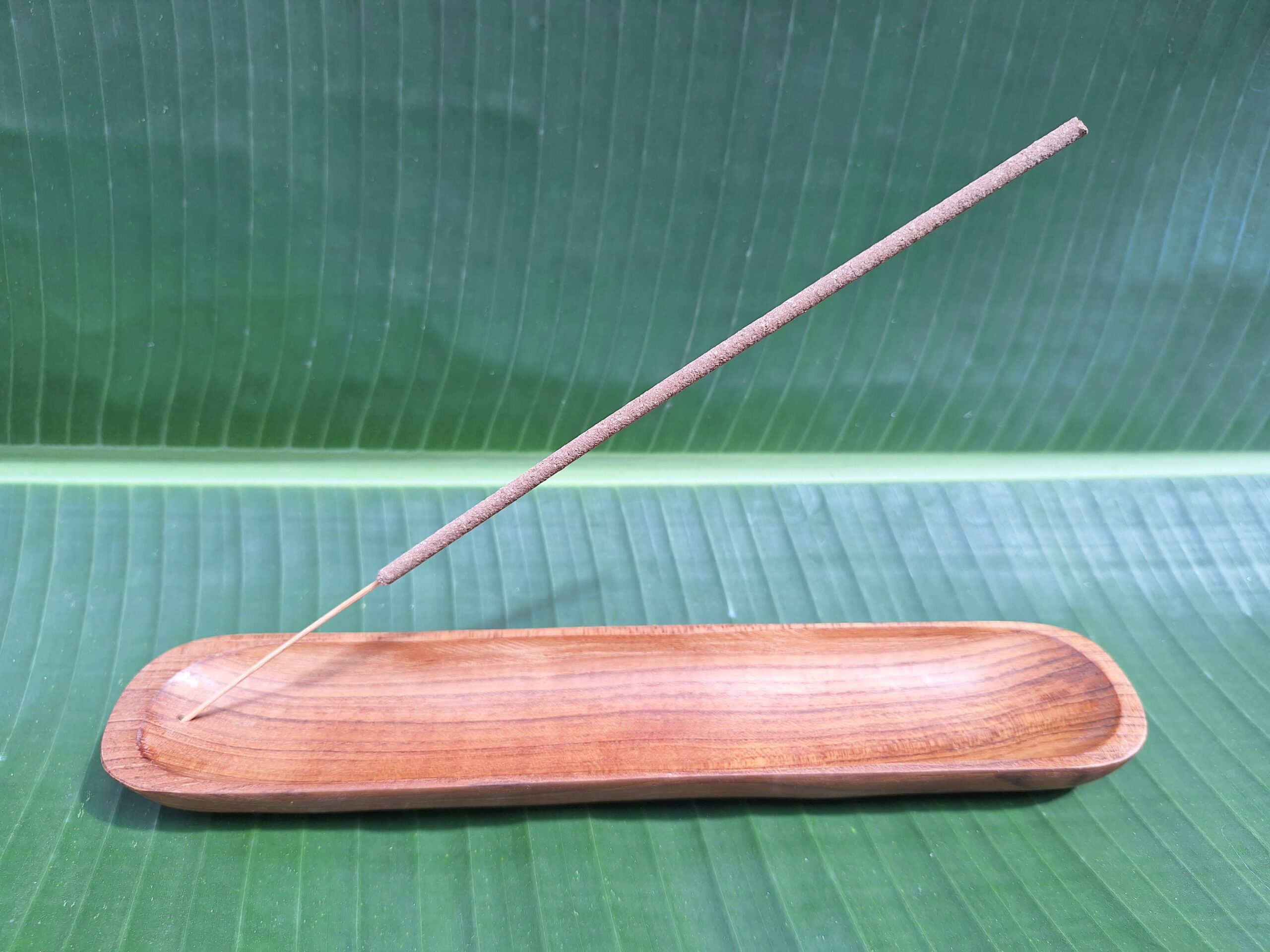 Minimalist Teak Wood Incense Tray: Oval "Kayu Jati" Stand for Bamboo Sticks