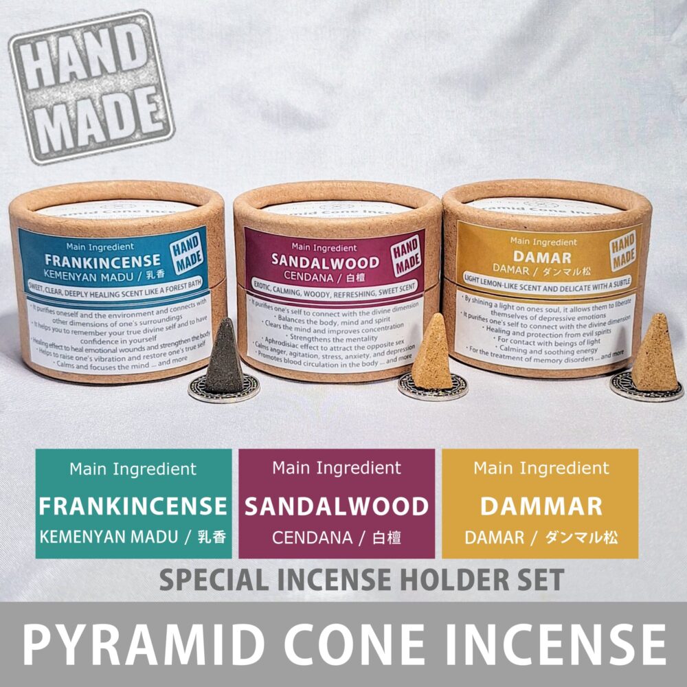 3-Box Set Pyramid Cone Incense with Holder: Sandalwood, Frankincense, Dammar (12 Cones/Box x 3). Sacred Natural Herbal Incense by ISHIKI-BALI