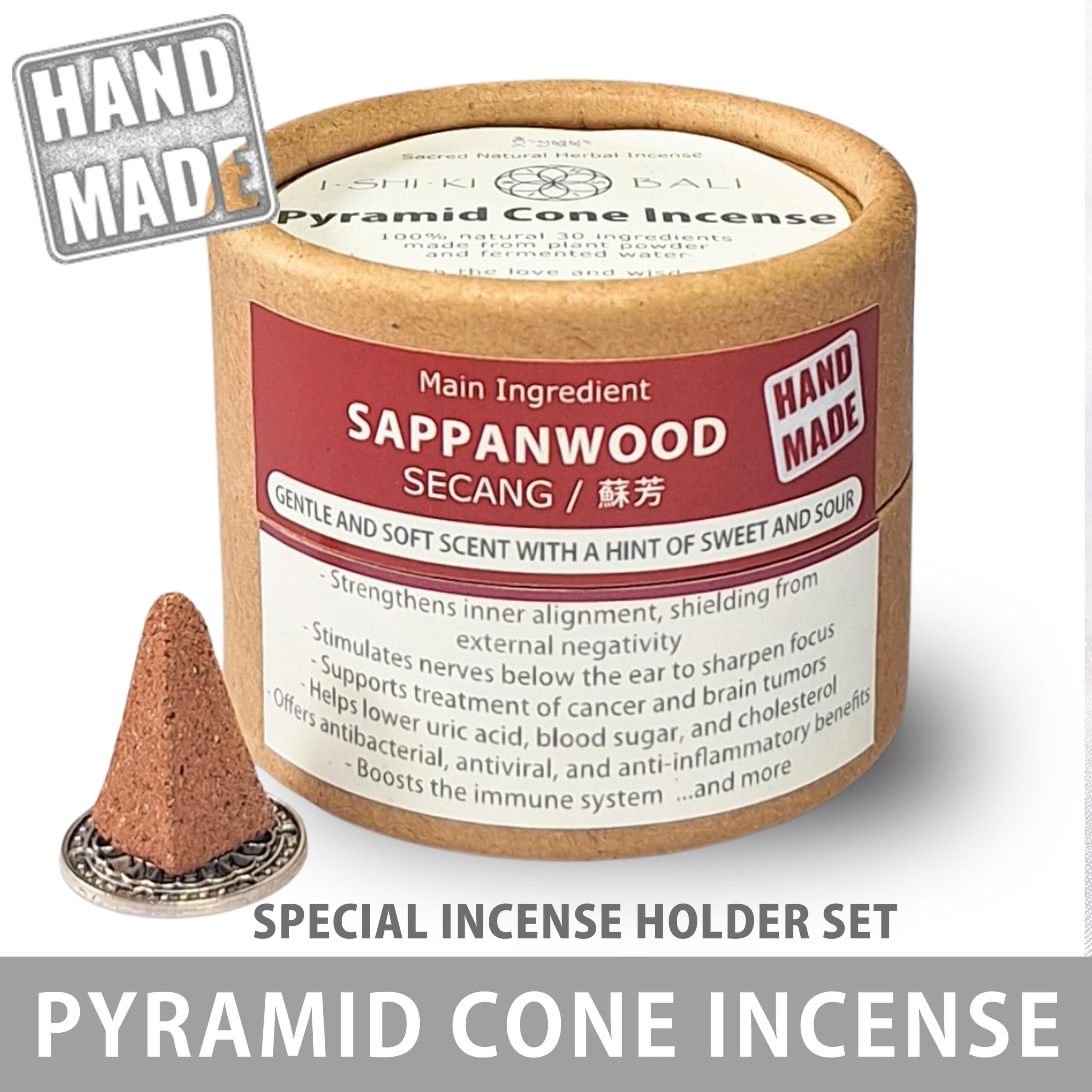 Pyramid Cone Incense with Holder - Sappanwood (Secang): 12 Cones. Sacred Natural Herbal Incense by ISHIKI-BALI.